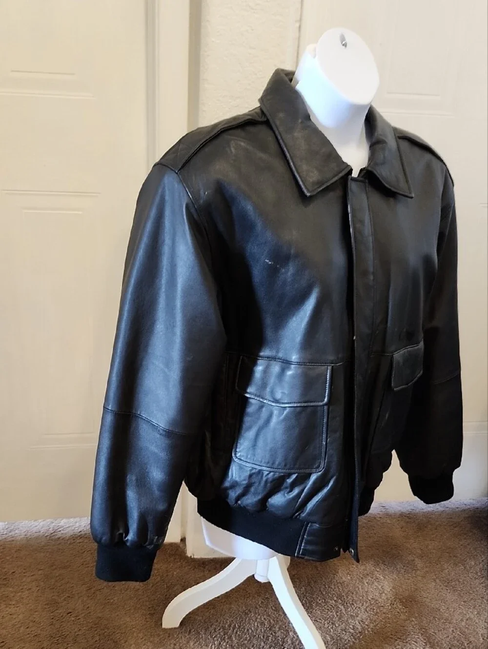 North Crest Men's Black Leather Bomber Jacket SZ XL